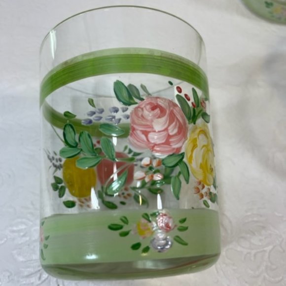 VTG Hand Painted Wide Rim Floral Drink Glasses Double Old Fashion 16oz SET OF 4 - Picture 8 of 15